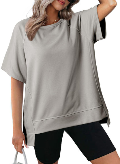 Women's Oversized Round Neck High-Low Hem Short Sleeve Top