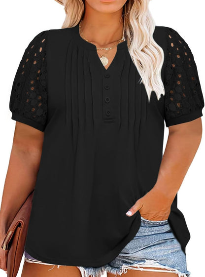 ✨Women's Plus Size Lace Sleeve Tees Casual Pleated Flowy Tunic Tops