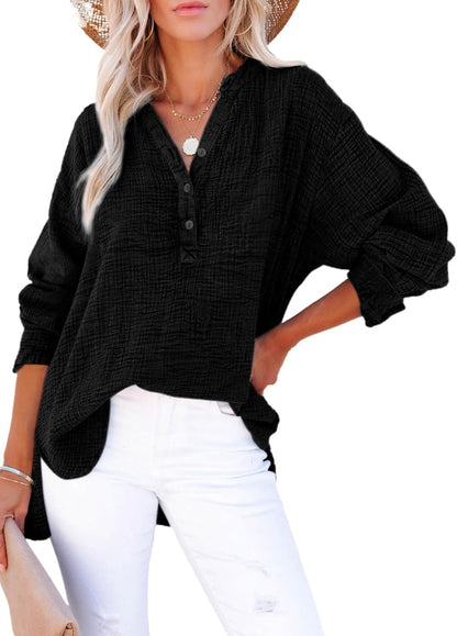 ✨Womens Casual Gauze Button Neck Long Sleeve Oversized BlousesTops