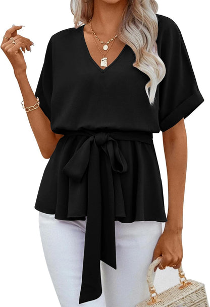 ✨Womens V Neck Blouse Short Sleeve Belted Casual T-Shirts Basic Tee Tops