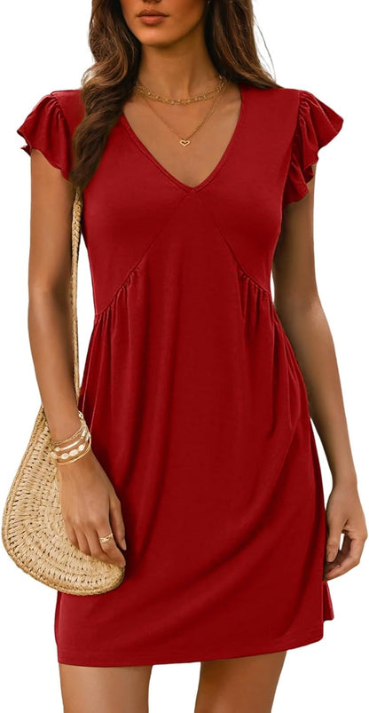 ✨Women's Summer  Beach Casual Deep V Neck Loose Sundress Ruffle Sleeve Mini Dress