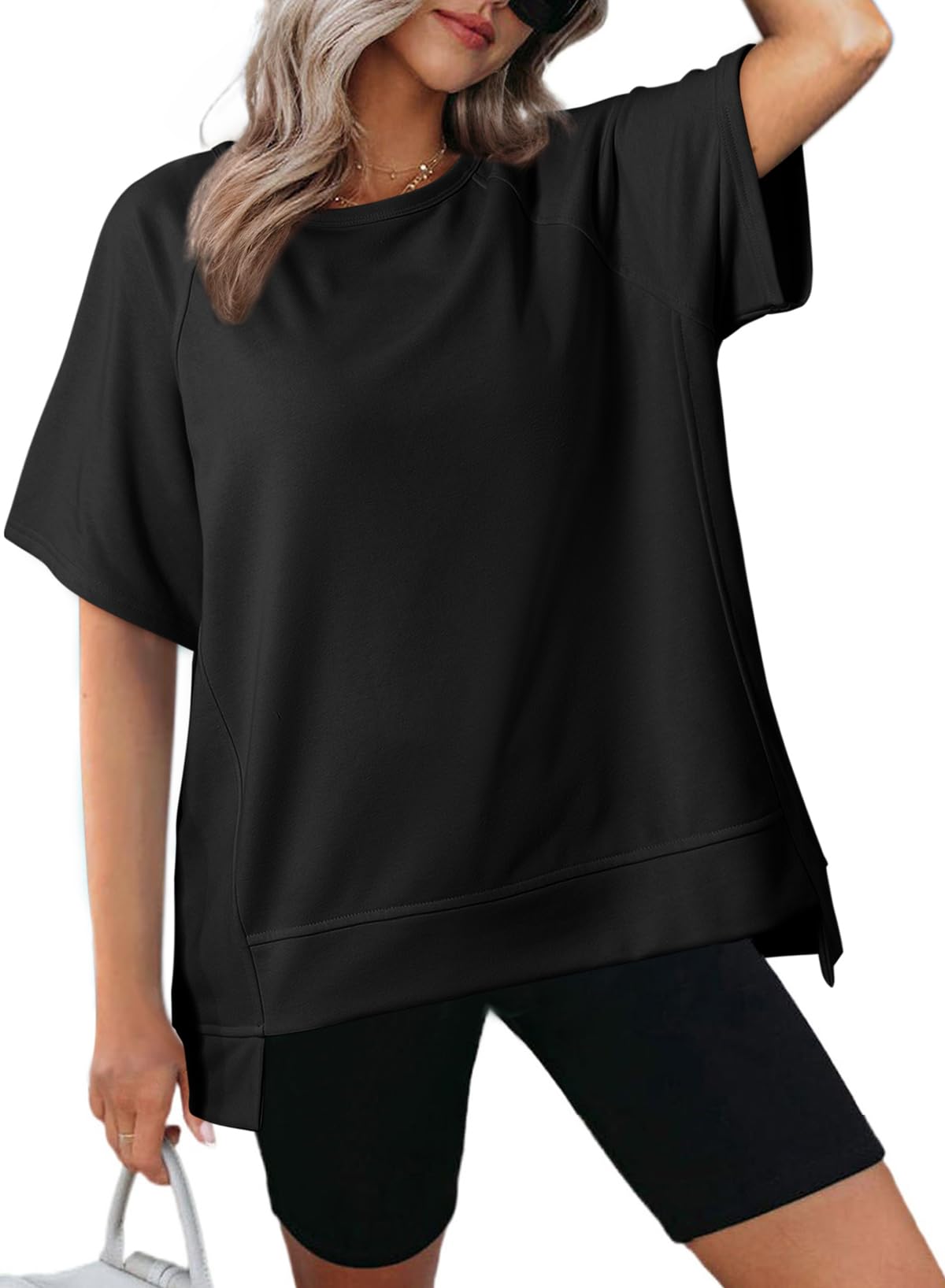 Women's Oversized Round Neck High-Low Hem Short Sleeve Top