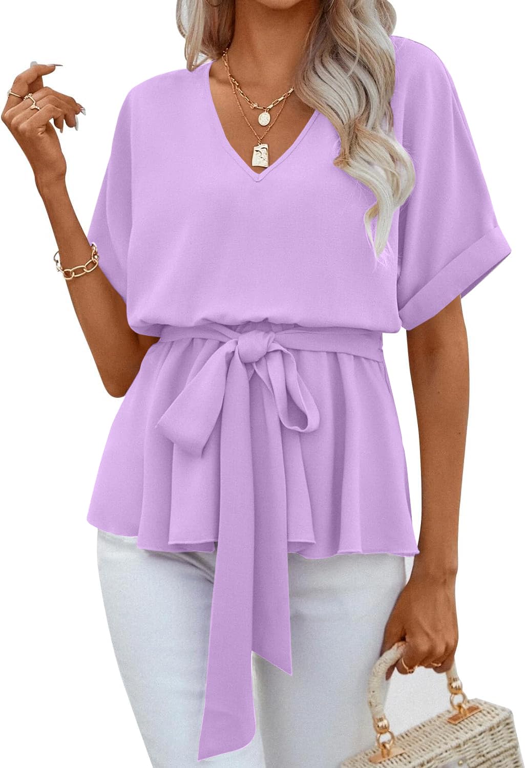 ✨Womens V Neck Blouse Short Sleeve Belted Casual T-Shirts Basic Tee Tops