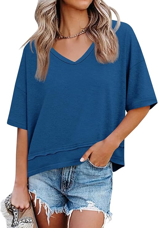 Women's V-Neck Spliced Hem Casual Top