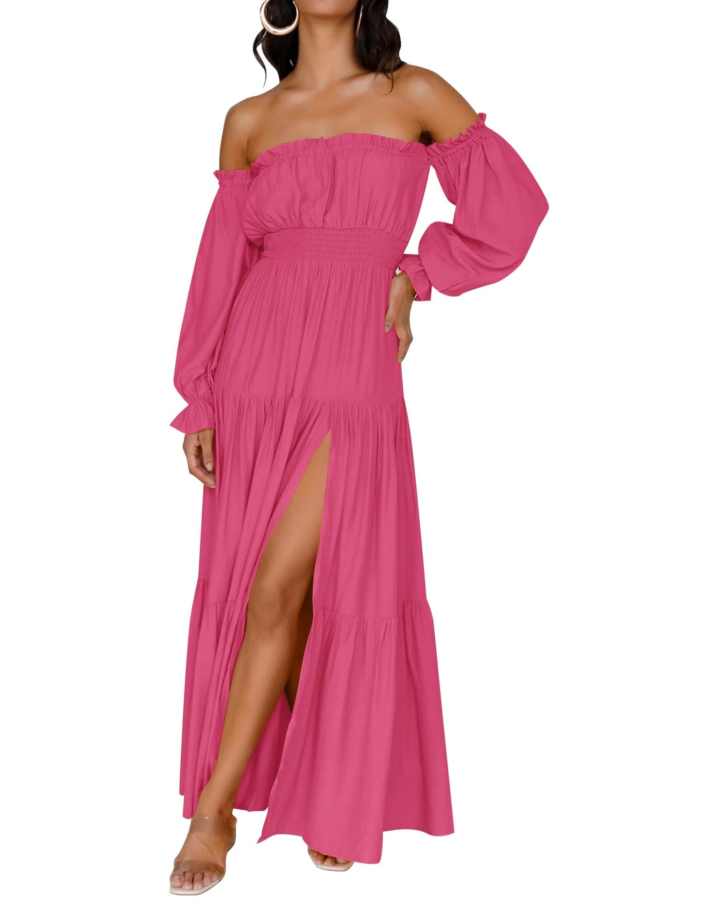 ⏰Hot Sale-Women's Boho Off Shoulder Long Sleeve Side Split Flowy A Line Long Maxi Dress