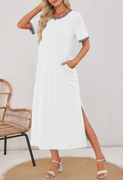 ✨Women's Summer Short-sleeved Round Neck Slit Casual Dress