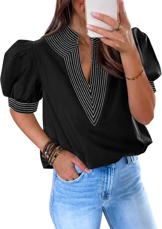 Womens Puff Short Sleeve Blouses V Neck Tops Loose Fit Tee Shirts