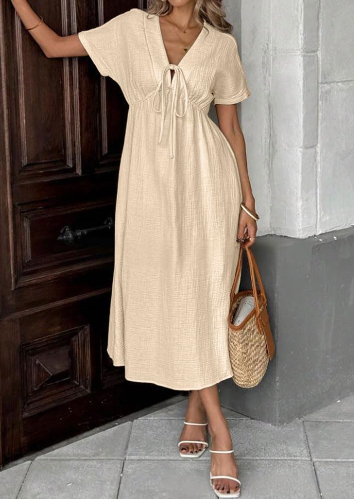 Women's Summer Solid Color V-Neck Cotton Dress