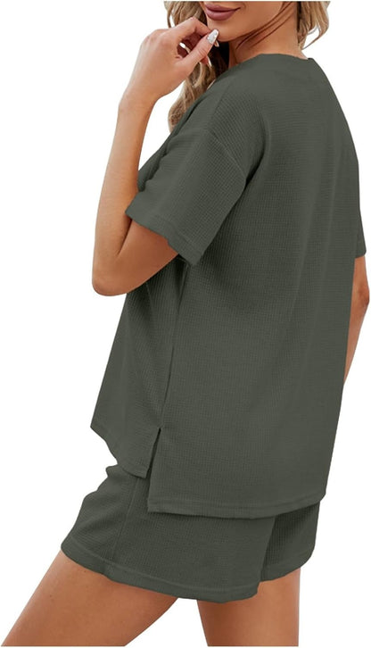 Women's Waffle Short Sleeve Button Top with Shorts Lounge Sets