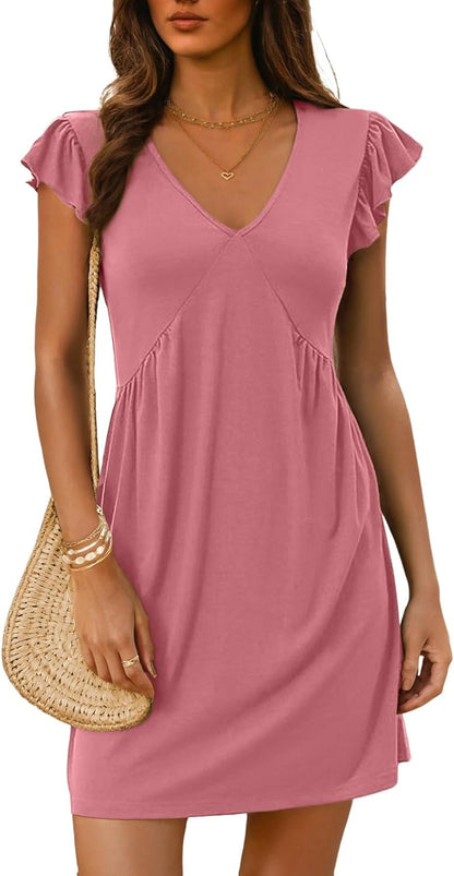 ✨Women's Summer  Beach Casual Deep V Neck Loose Sundress Ruffle Sleeve Mini Dress