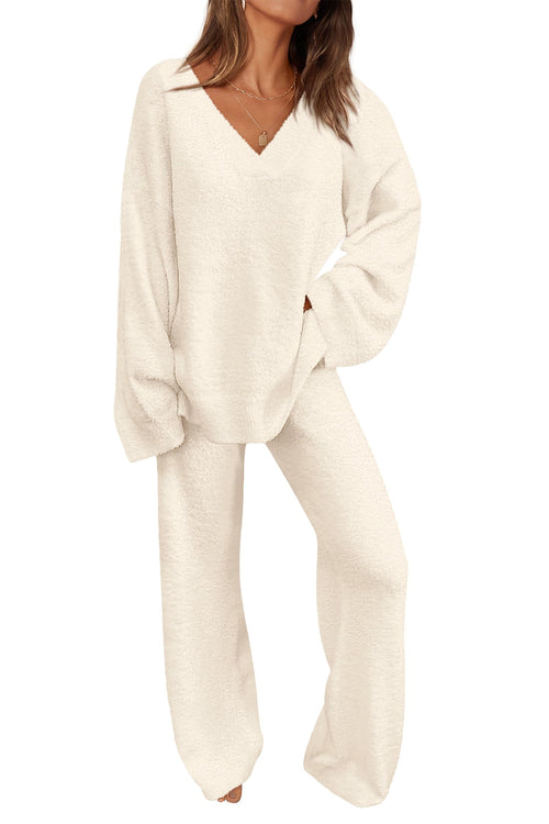 ✨Women's 2 Piece Oversized V Neck Pullover Sweater Fuzzy Lounge Set
