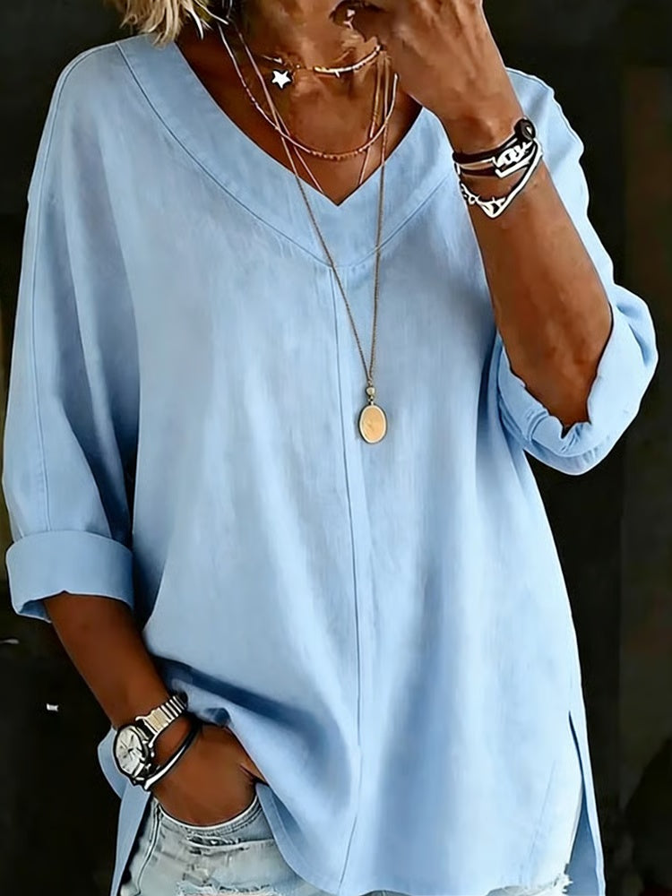 Women's V-Neck 3/4 Sleeve Side Slit Top