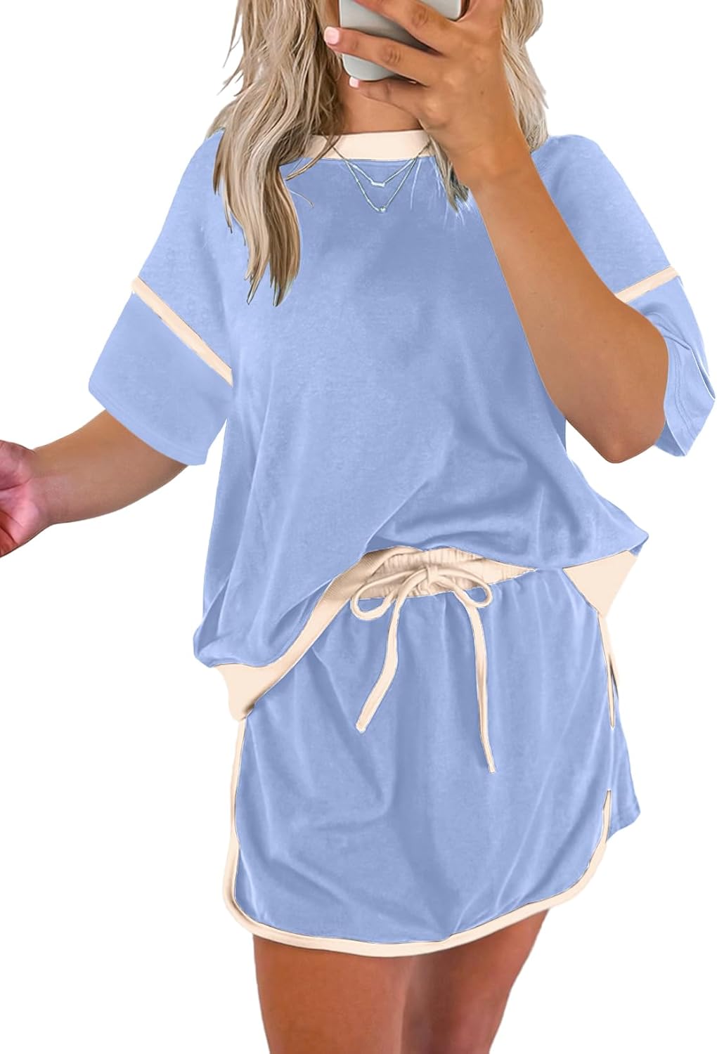 ✨Women's Summer Short Sleeve Tops Matching Drawstring Mini Skirt Lounge Sets