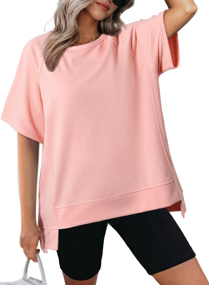 Women's Oversized Round Neck High-Low Hem Short Sleeve Top