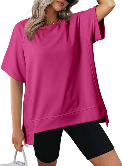 Women's Oversized Round Neck High-Low Hem Short Sleeve Top