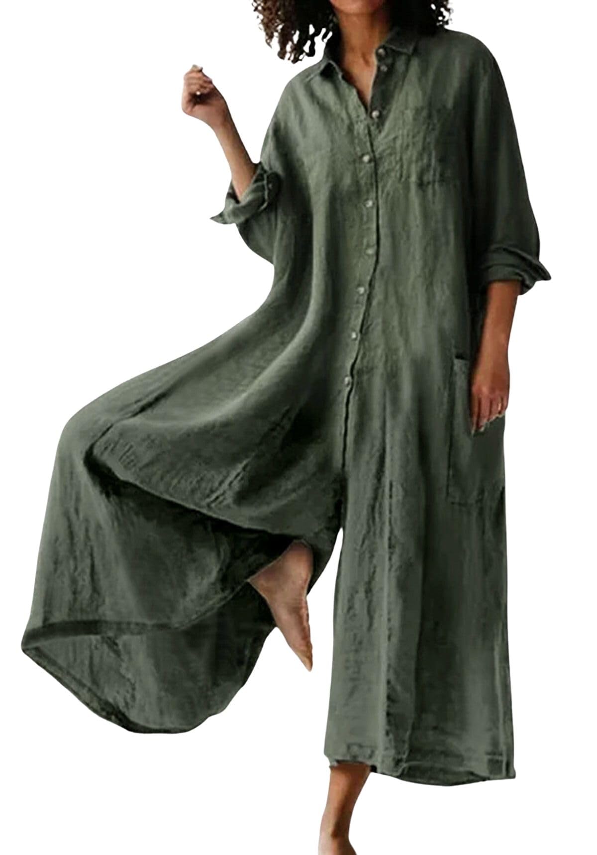 Women's Linen Button Down Long Sleeve Wide Leg Jumpsuit