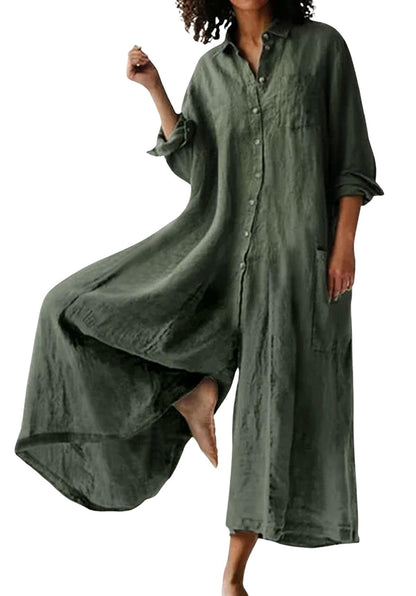 Women's Linen Button Down Long Sleeve Wide Leg Jumpsuit