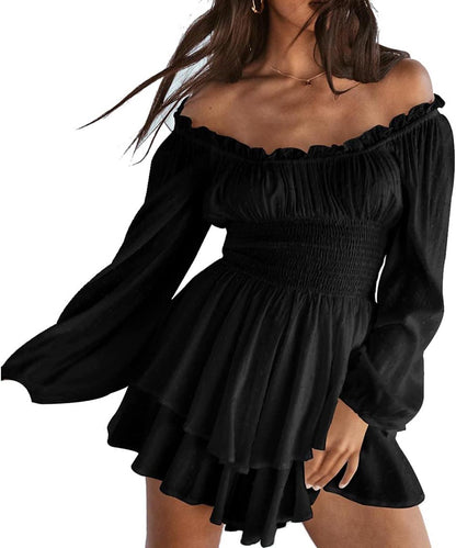 ✨Women's Off-the-shoulder Lantern Sleeves Ruffled Hem Mini Romper