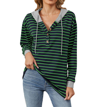 Women's Drawstring Striped Long Sleeve Hoodie