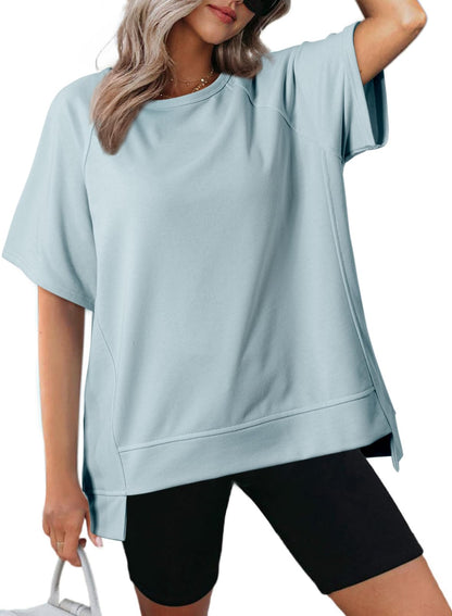 Women's Oversized Round Neck High-Low Hem Short Sleeve Top