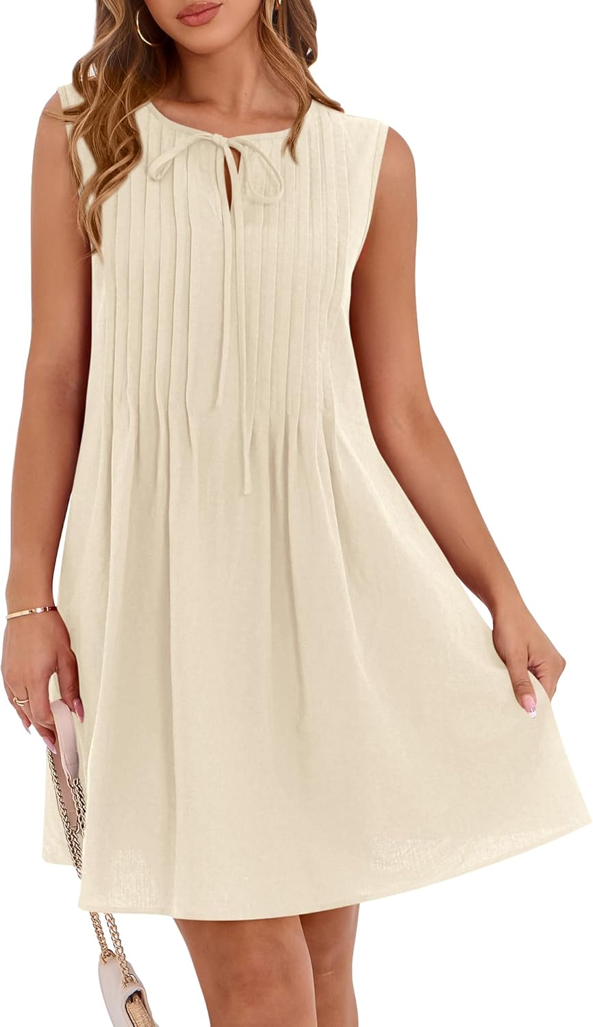 ✨2025 Sleeveless Cute Bow Tie Front Loose Pleated  Dresses