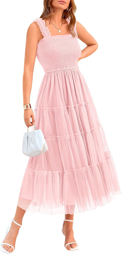 ✨Women's Casual Sleeveless Square Neck Smocked Ruffle Tulle Party Wedding Guest Dresses