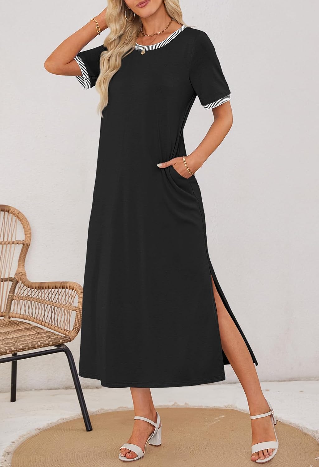 ✨Women's Summer Short-sleeved Round Neck Slit Casual Dress