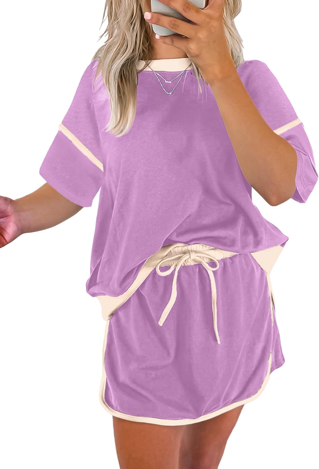 ✨Women's Summer Short Sleeve Tops Matching Drawstring Mini Skirt Lounge Sets