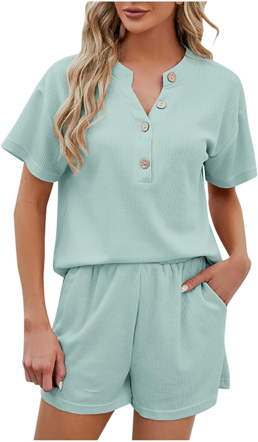 Women's Waffle Short Sleeve Button Top with Shorts Lounge Sets