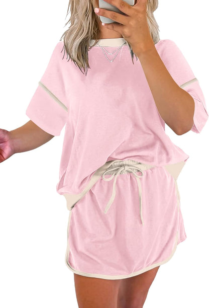 ✨Women's Summer Short Sleeve Tops Matching Drawstring Mini Skirt Lounge Sets