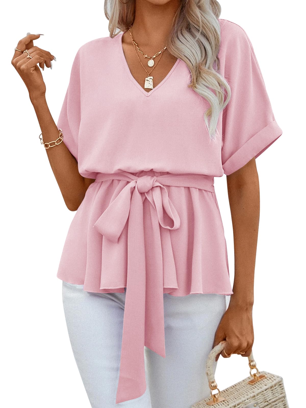✨Womens V Neck Blouse Short Sleeve Belted Casual T-Shirts Basic Tee Tops