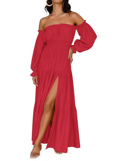 ⏰Hot Sale-Women's Boho Off Shoulder Long Sleeve Side Split Flowy A Line Long Maxi Dress