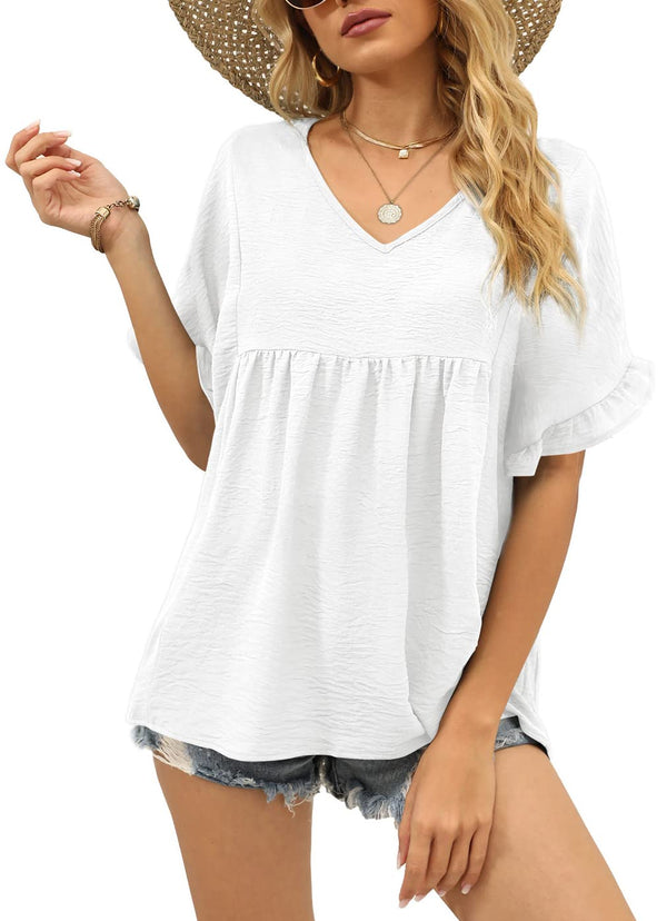 Limited time sale🔥Womens Casual V Neck Ruffle Sleeve T Shirts Babydoll Loose Fit Peplum Tops