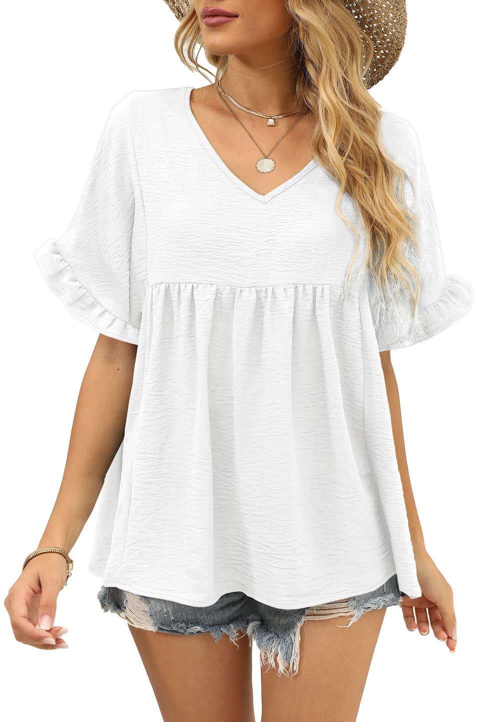 ✨Womens Tops Casual V Neck Ruffle Sleeve T Shirts Babydoll Loose Fit Peplum Tops