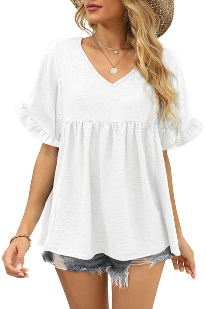 ✨Womens Tops Casual V Neck Ruffle Sleeve T Shirts Babydoll Loose Fit Peplum Tops