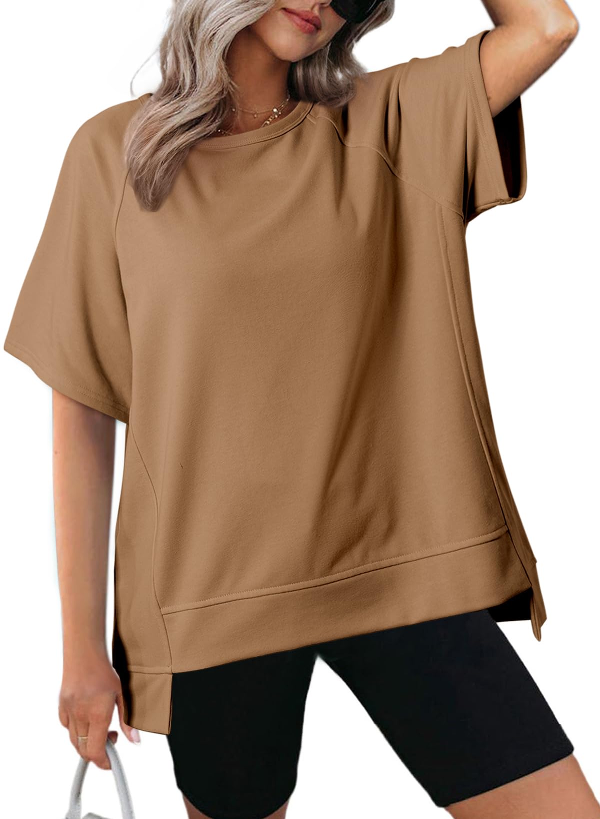 Women's Oversized Round Neck High-Low Hem Short Sleeve Top