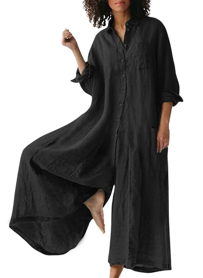 Women's Linen Button Down Long Sleeve Wide Leg Jumpsuit