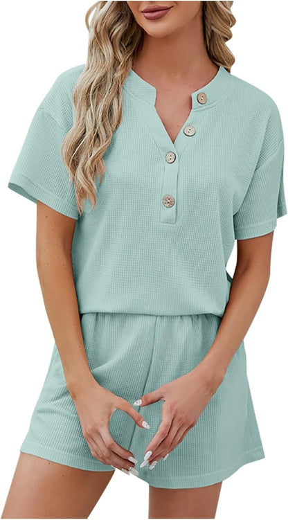 Women's Waffle Short Sleeve Button Top with Shorts Lounge Sets