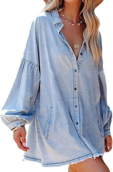 ⏰Hot Sale-Women's Oversized Distressed Denim Button Down Shirt Dress with Pockets