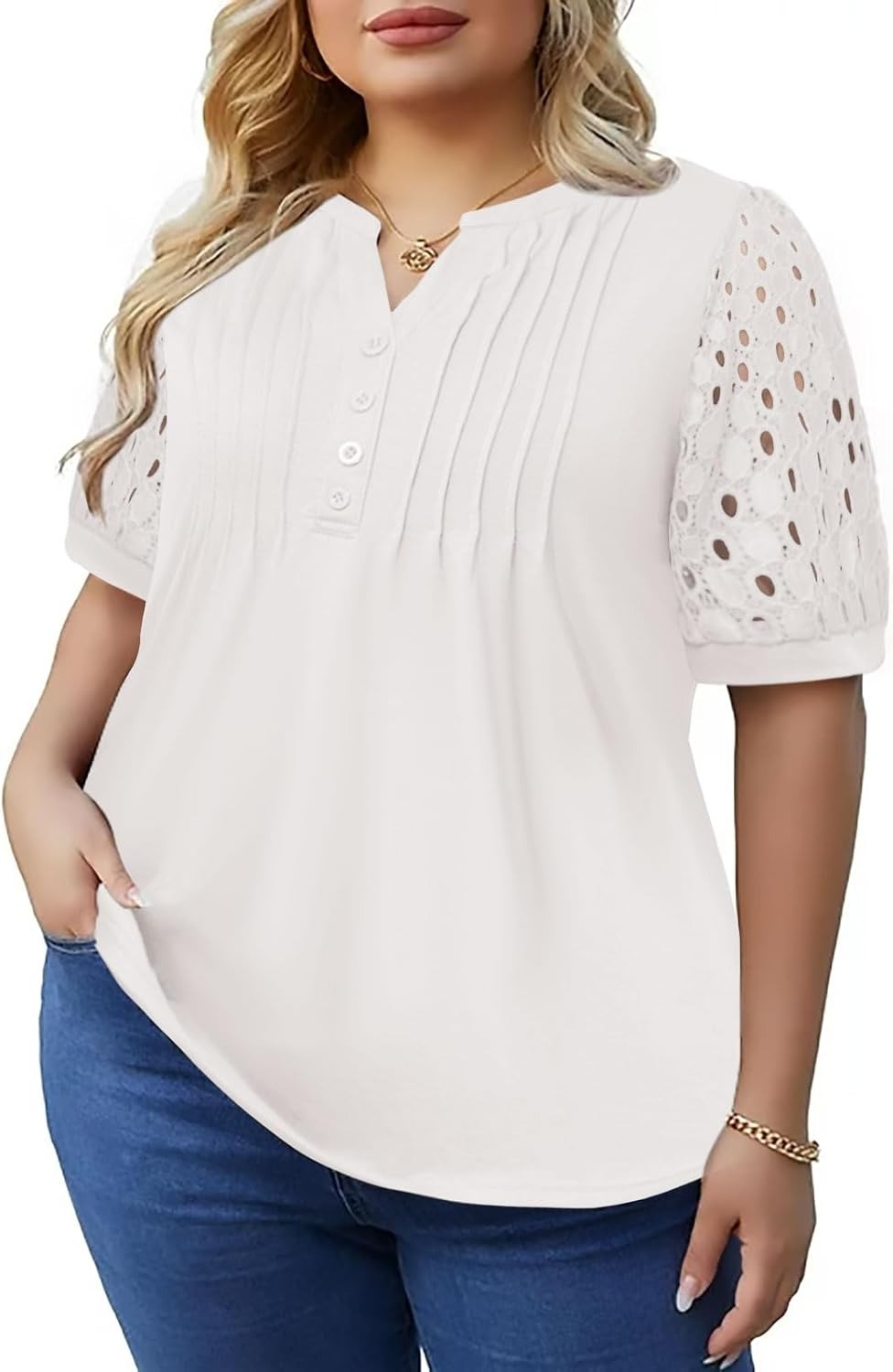 ✨Women's Plus Size Lace Sleeve Tees Casual Pleated Flowy Tunic Tops