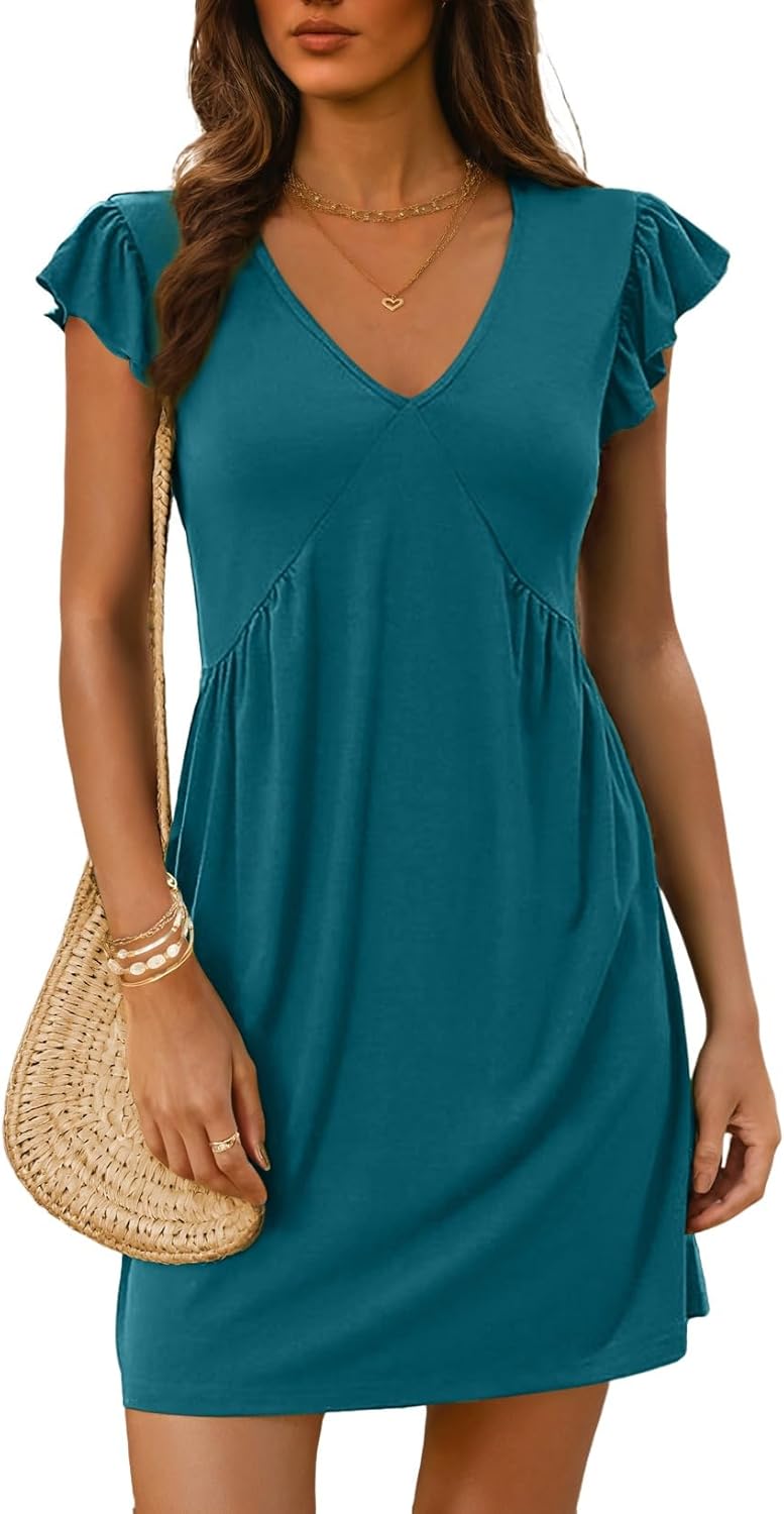 ✨Women's Summer  Beach Casual Deep V Neck Loose Sundress Ruffle Sleeve Mini Dress