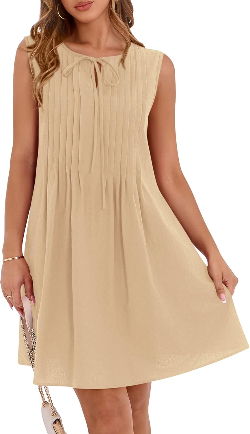 ✨2025 Sleeveless Cute Bow Tie Front Loose Pleated  Dresses