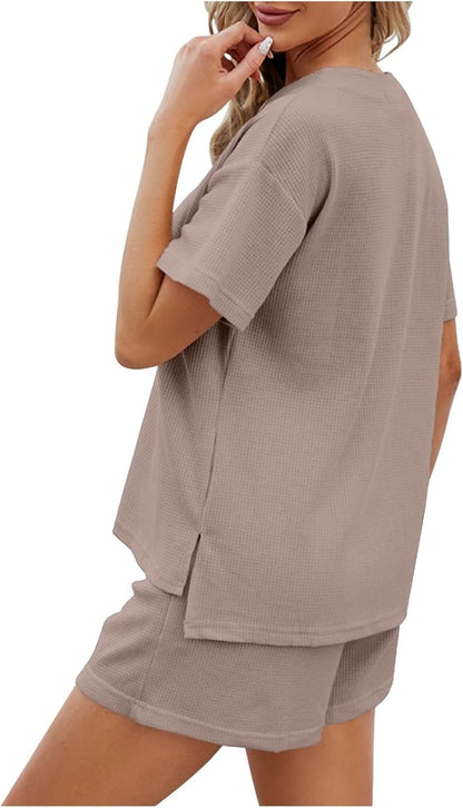 Women's Waffle Short Sleeve Button Top with Shorts Lounge Sets