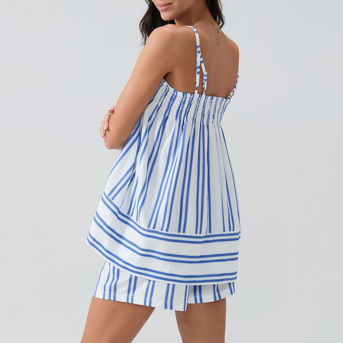 ✨Women 2 Piece Camisole Babydoll Top Tank Striped Boxer Shorts Matching Pjs Outfit Lounge Sets