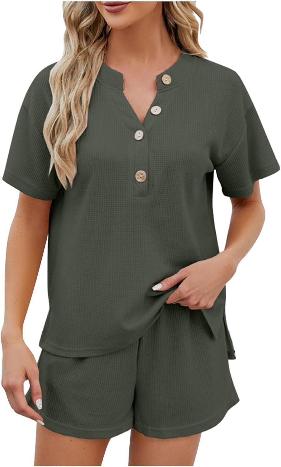 Women's Waffle Short Sleeve Button Top with Shorts Lounge Sets