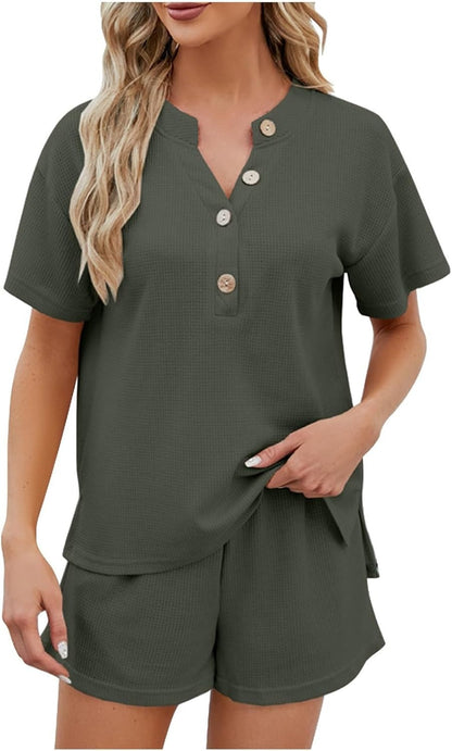 Women's Waffle Short Sleeve Button Top with Shorts Lounge Sets