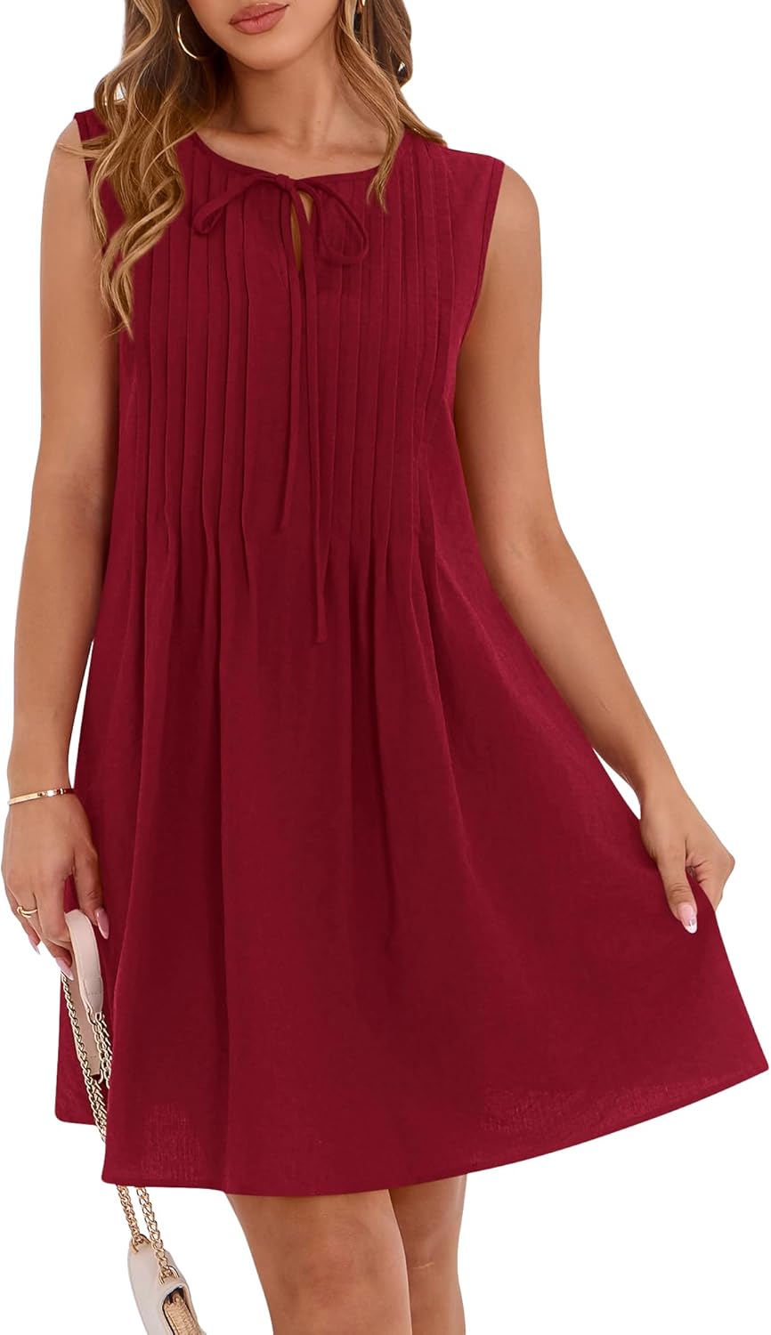 ✨2025 Sleeveless Cute Bow Tie Front Loose Pleated  Dresses