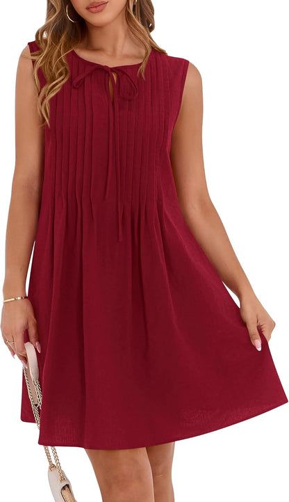 ✨2025 Sleeveless Cute Bow Tie Front Loose Pleated  Dresses