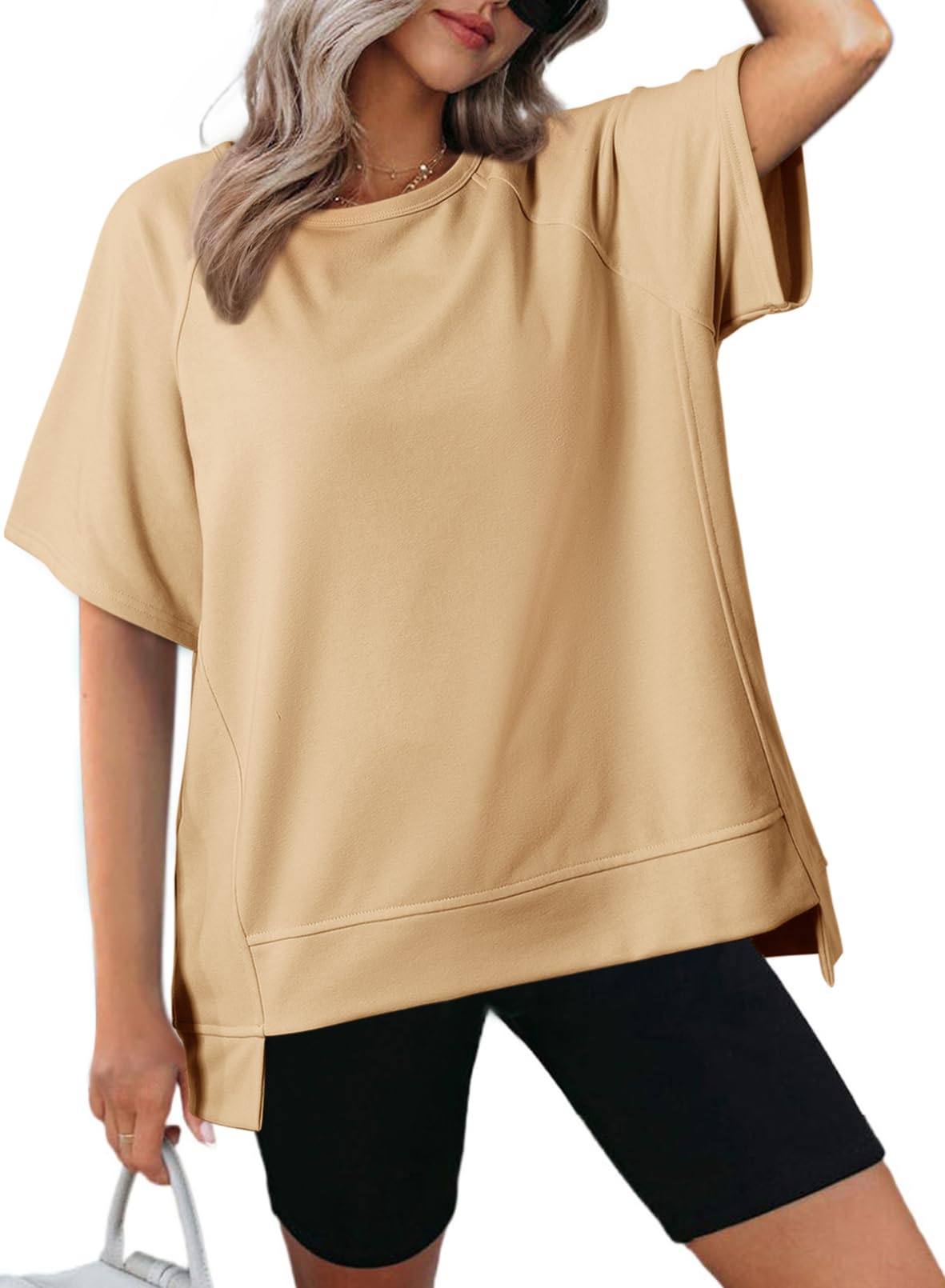 Women's Oversized Round Neck High-Low Hem Short Sleeve Top