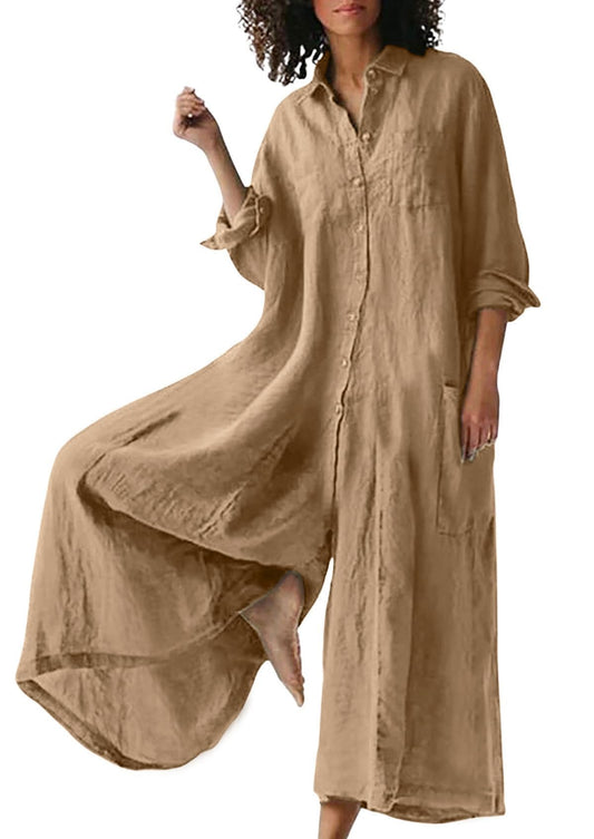 Women's Linen Button Down Long Sleeve Wide Leg Jumpsuit